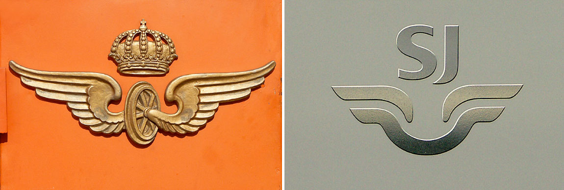 SJ:s bevingade hjul från 1950-talet och SJ logo på 2000-talet